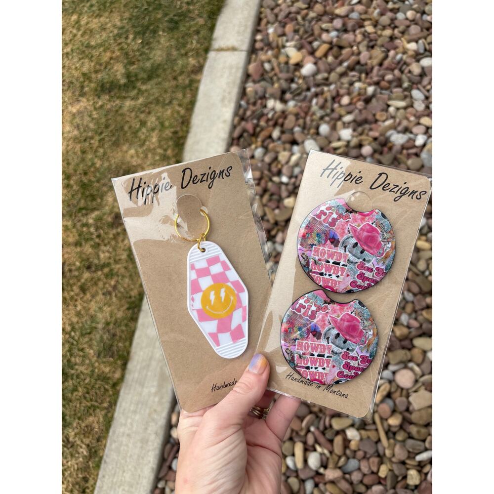 Pink Western Cowgirl Car Coaster & Smiley Motel Keychain Bundle